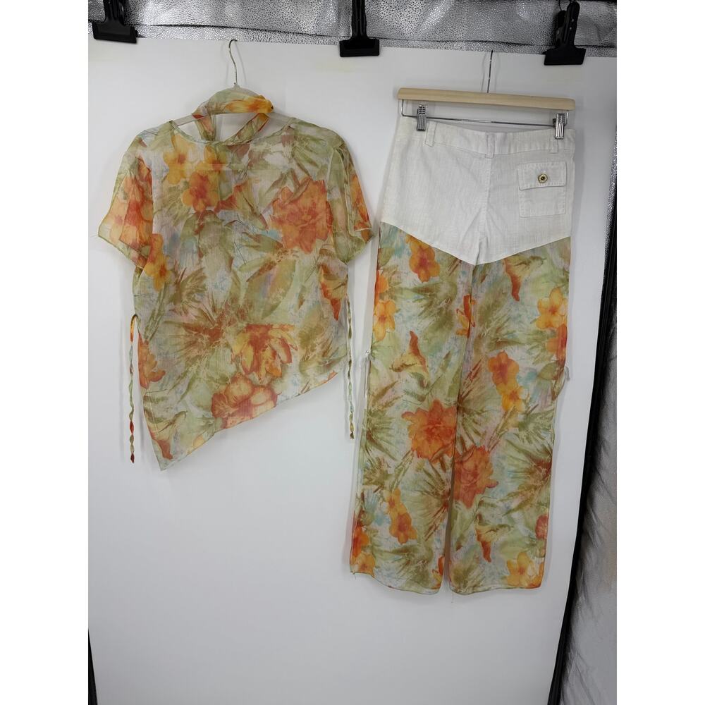 Womens Boho Sheer Floral 2pc Set Palazzo Pants Overlay Shorts Resort Y2K Size L - Picture 6 of 16